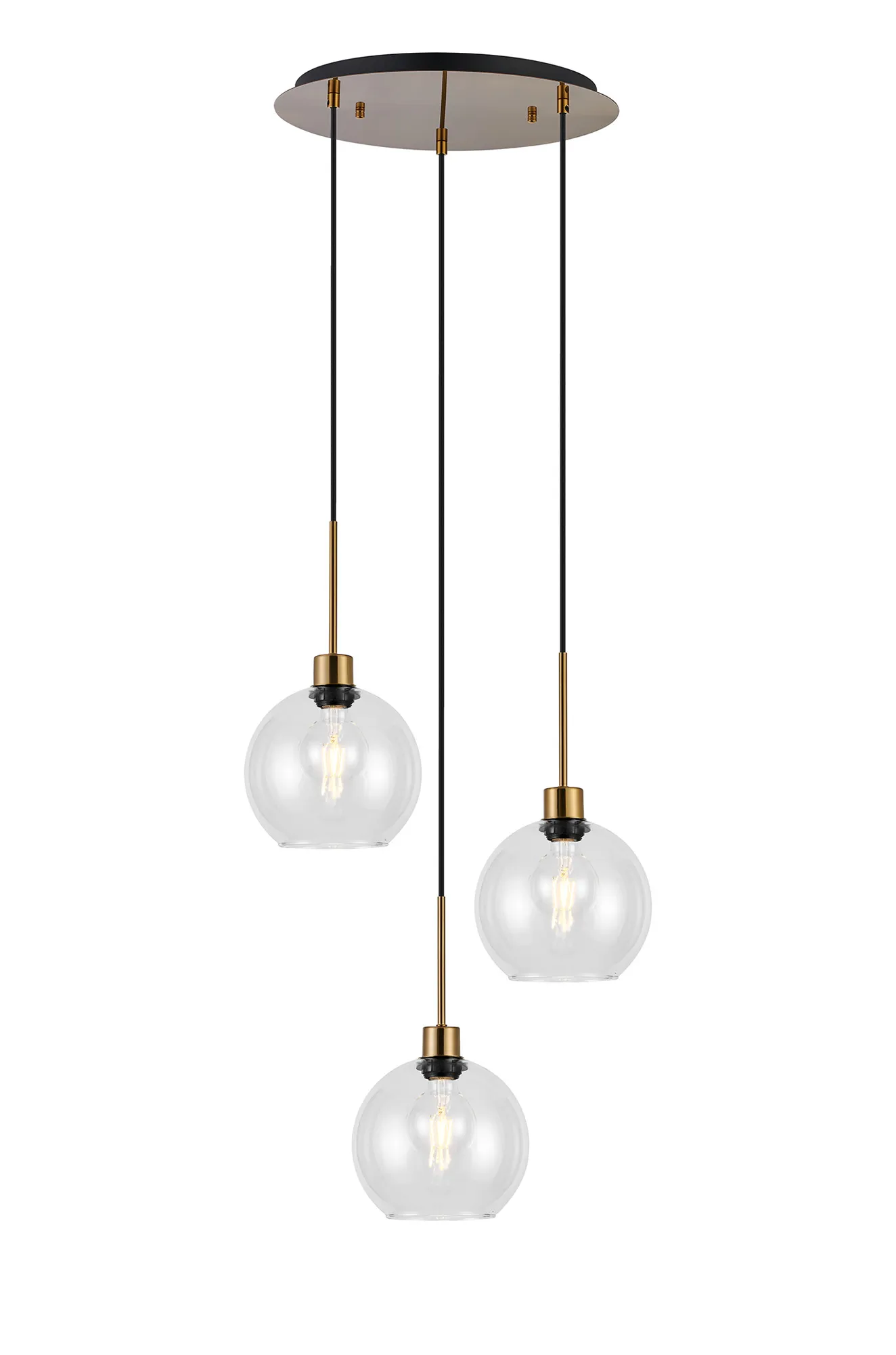 DK1178  Lori 40cm Round Pendant, 3 Light Adjustable E27, Antique Gold/Clear Open Mouth Round Globe Shades